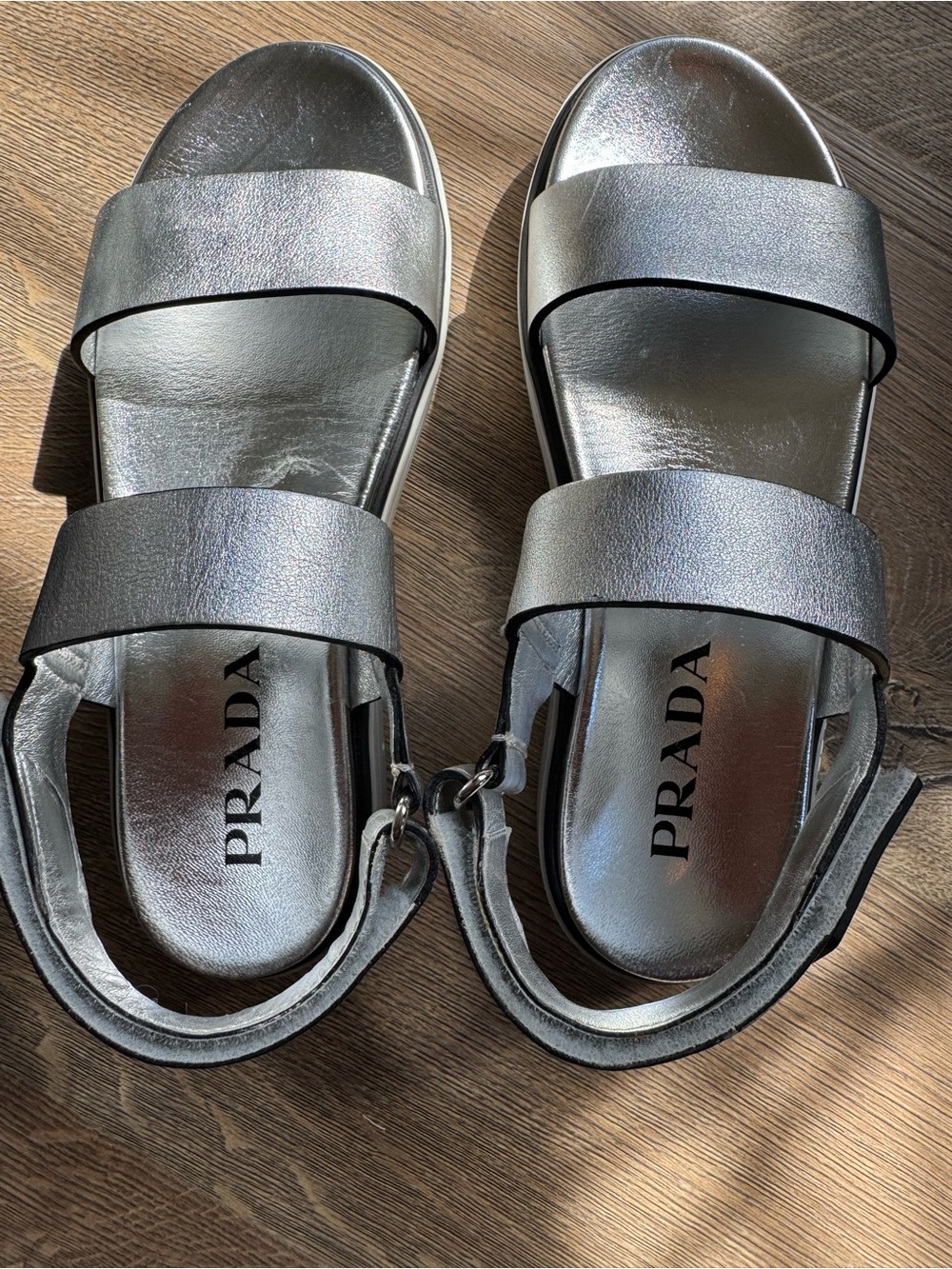 Prada Silver Metallic Double-Strap Flat Sandals